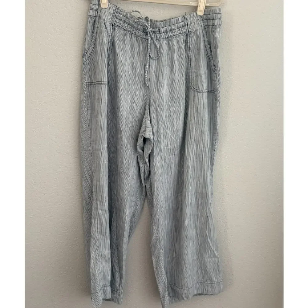 LANE BRYANT Women's Blue Grey Striped Drawstring Wide Leg Linen Pants 18 Coastal